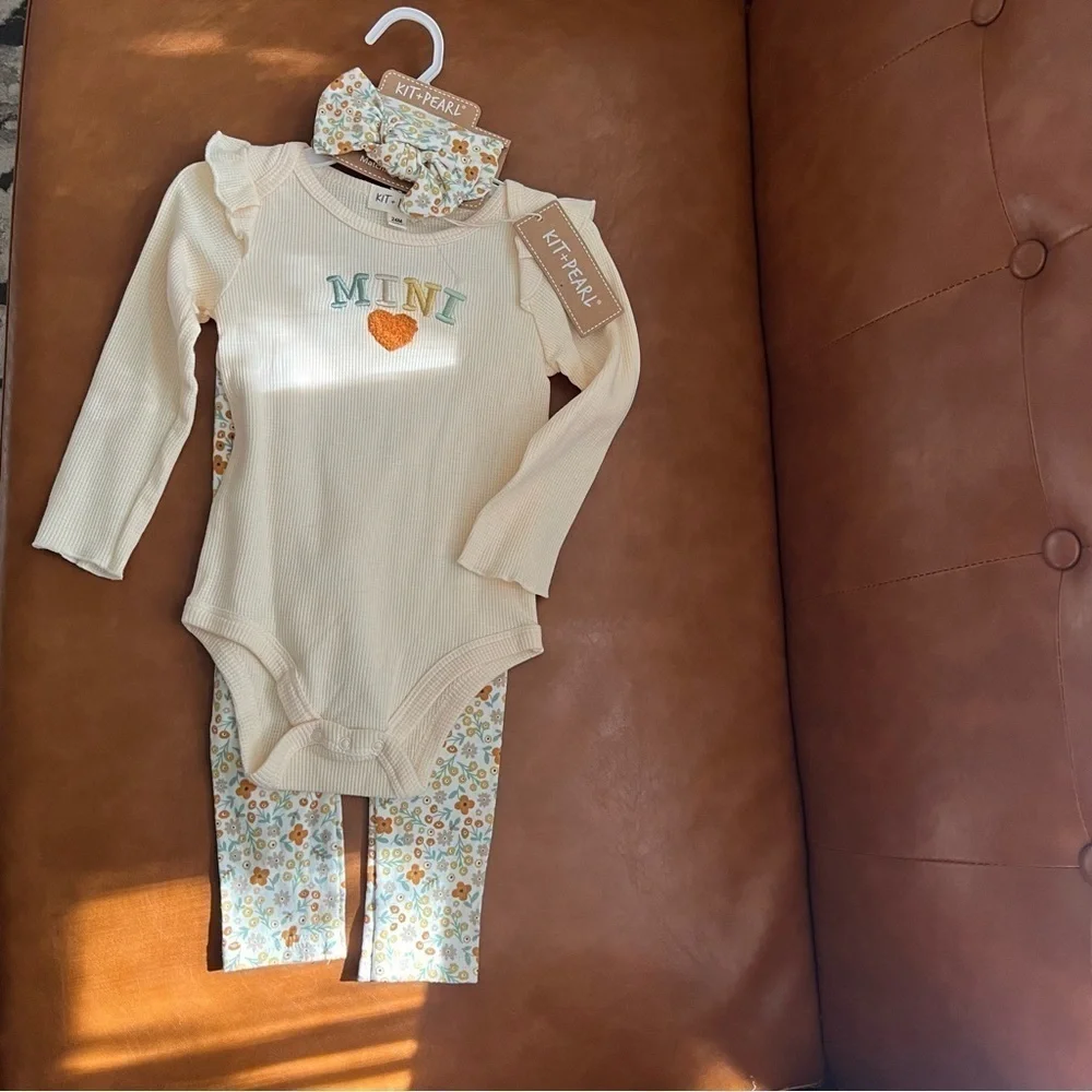 Kit+Pearl Baby Toddler Girl Pants Bodysuit Hair Band 24M Matching Set Floral NWT